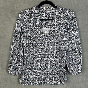 Boden Top Womens 6 Blue Floral Notch Neck Ballon Sleeve Preppy Career Stretch